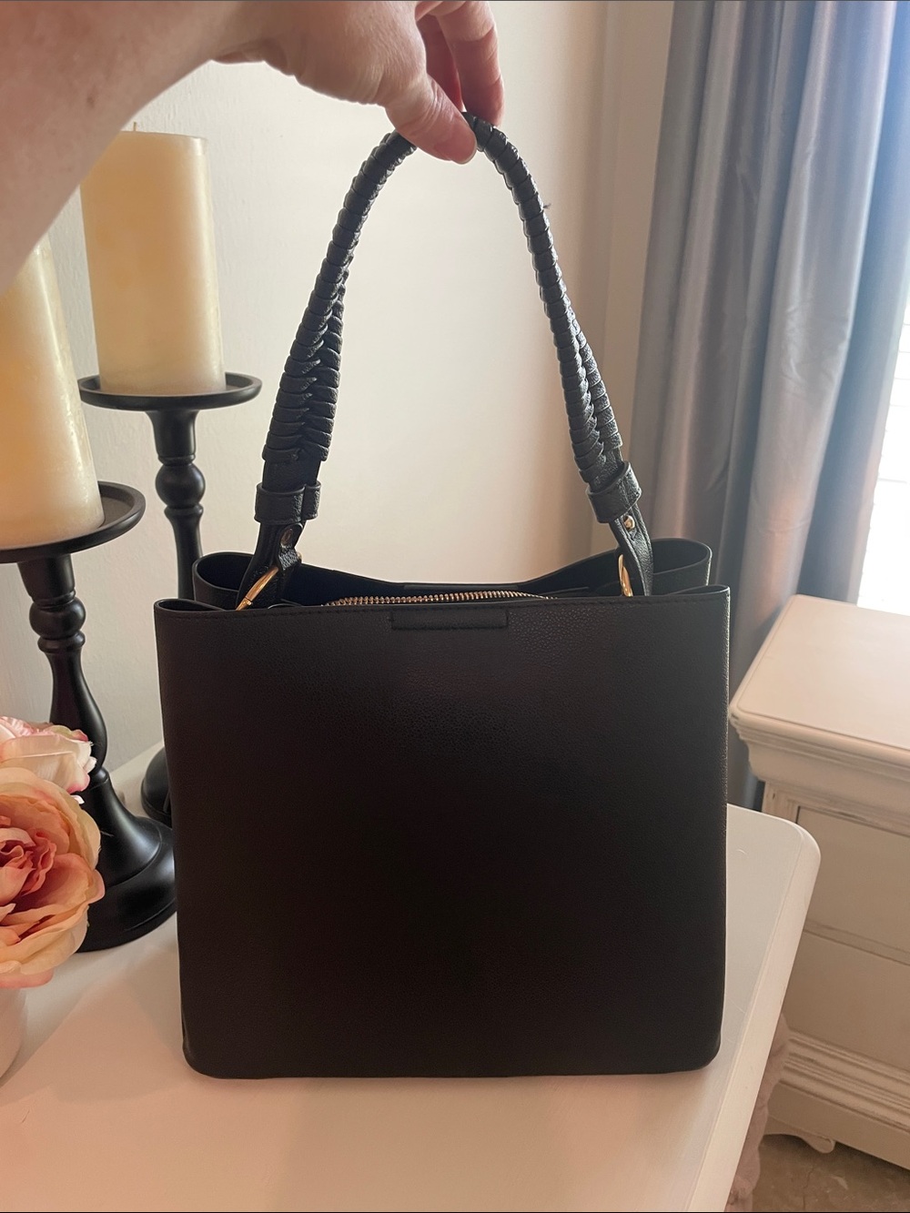 Braided Handle Black Structured Tote Bag